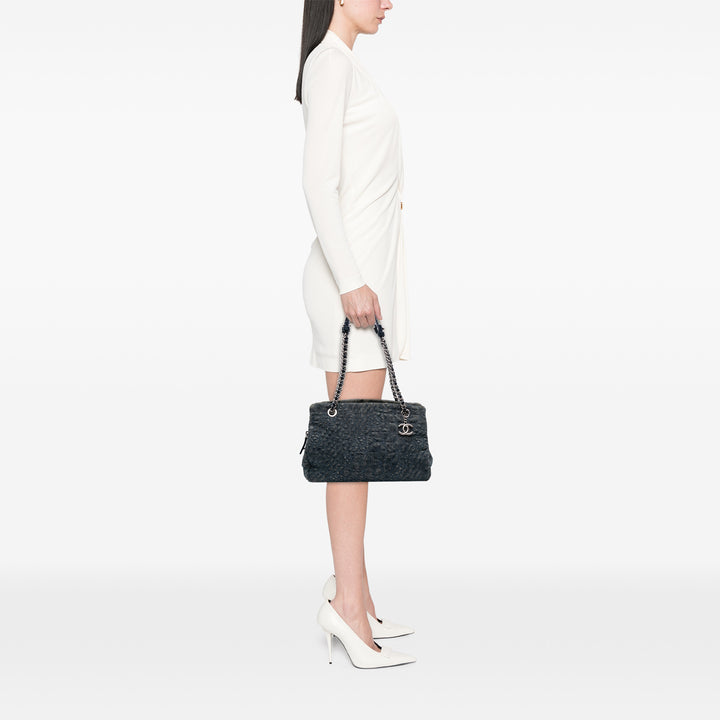 Denim Camellia Embroidered Shopping Tote Blue - Gaby Paris