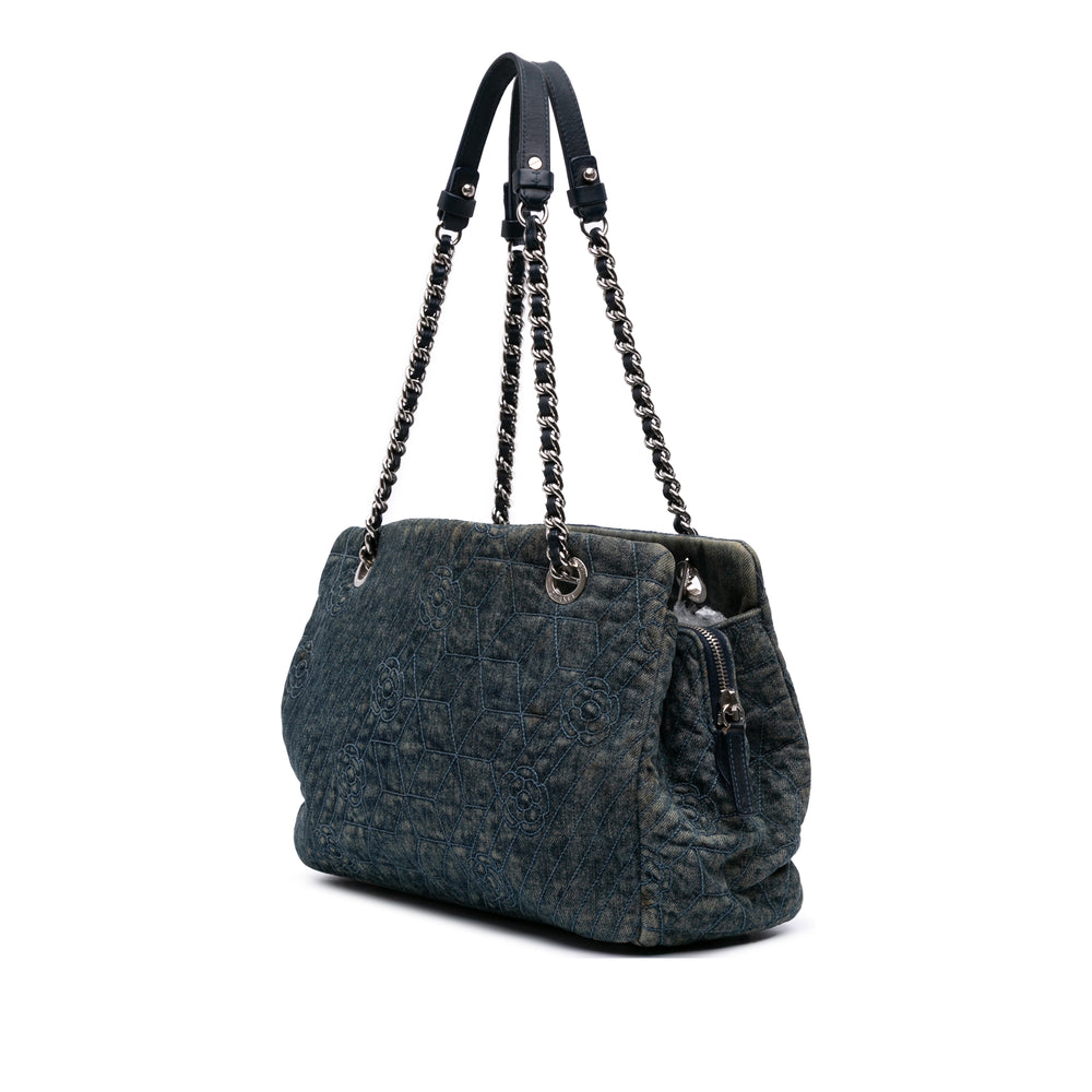 Denim Camellia Embroidered Shopping Tote Blue - Gaby Paris