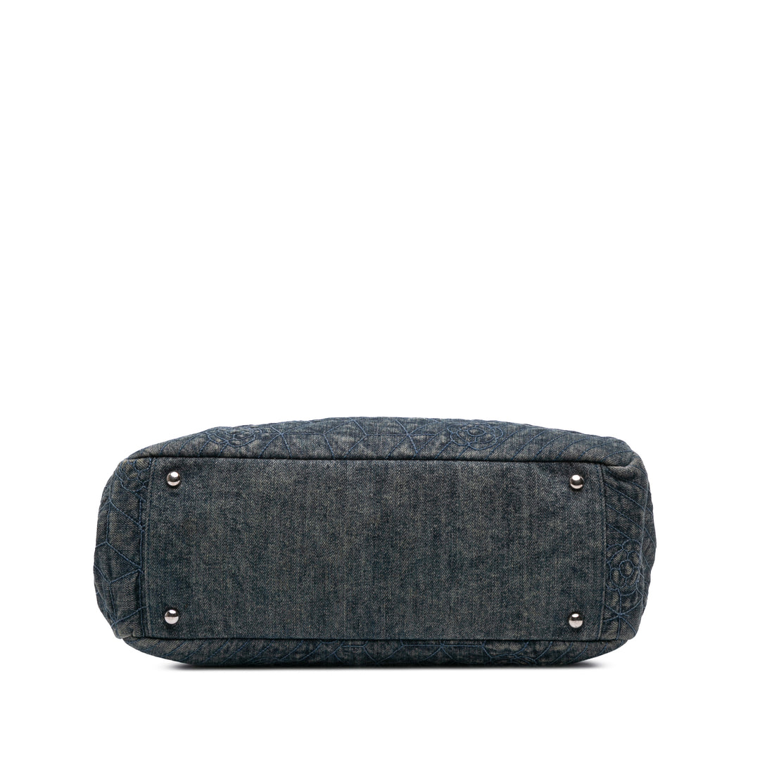 Denim Camellia Embroidered Shopping Tote Blue - Gaby Paris