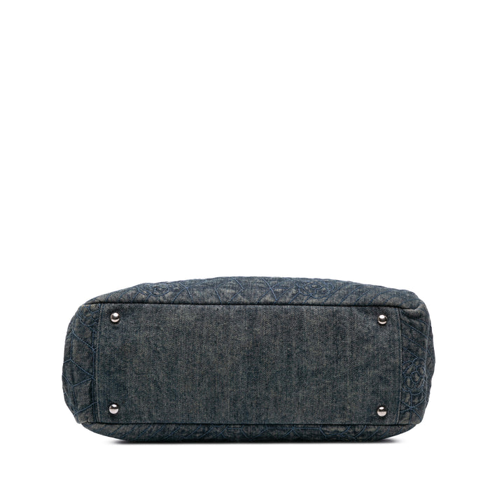 Denim Camellia Embroidered Shopping Tote Blue - Gaby Paris