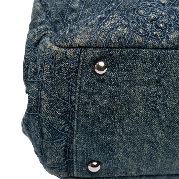 Denim Camellia Embroidered Shopping Tote Blue - Gaby Paris