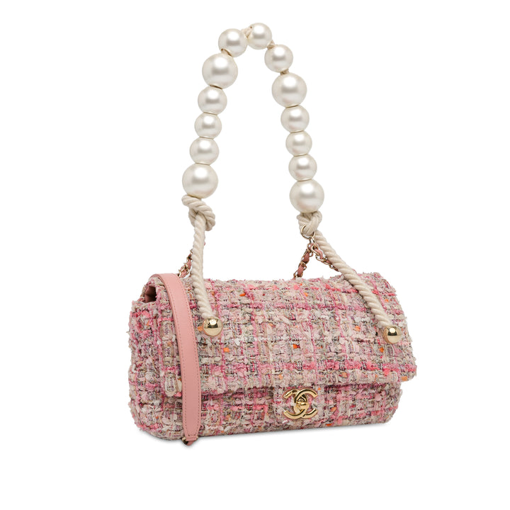 Medium Tweed Large Pearl Handle Flap Pink - Gaby Paris