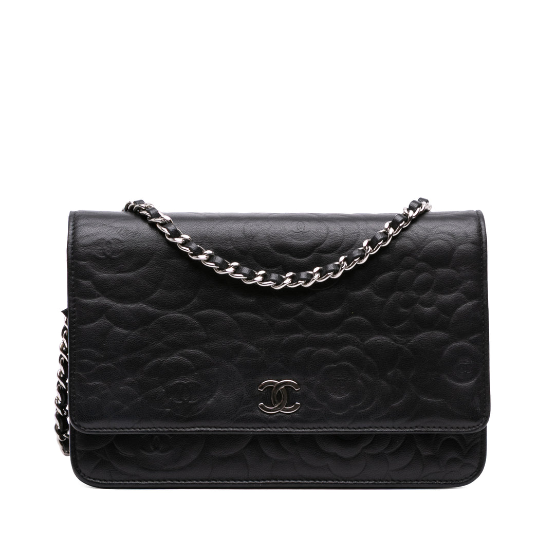 Camellia Embossed Lambskin Wallet On Chain Black - Gaby Paris