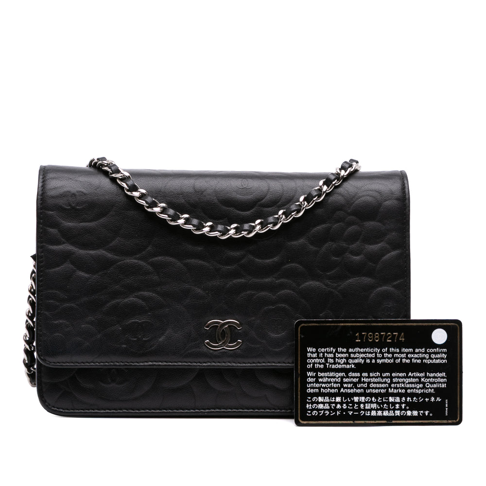 Camellia Embossed Lambskin Wallet On Chain Black - Gaby Paris