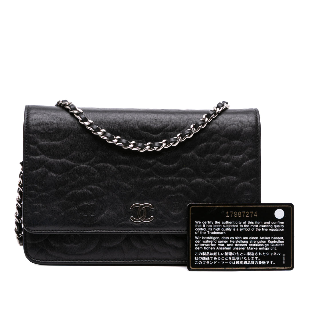 Camellia Embossed Lambskin Wallet On Chain Black - Gaby Paris