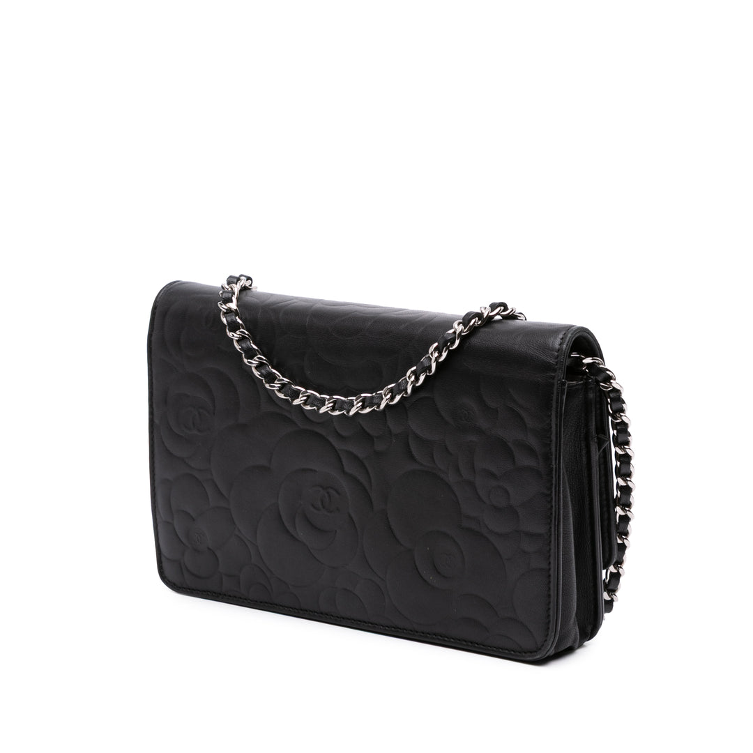 Camellia Embossed Lambskin Wallet On Chain Black - Gaby Paris