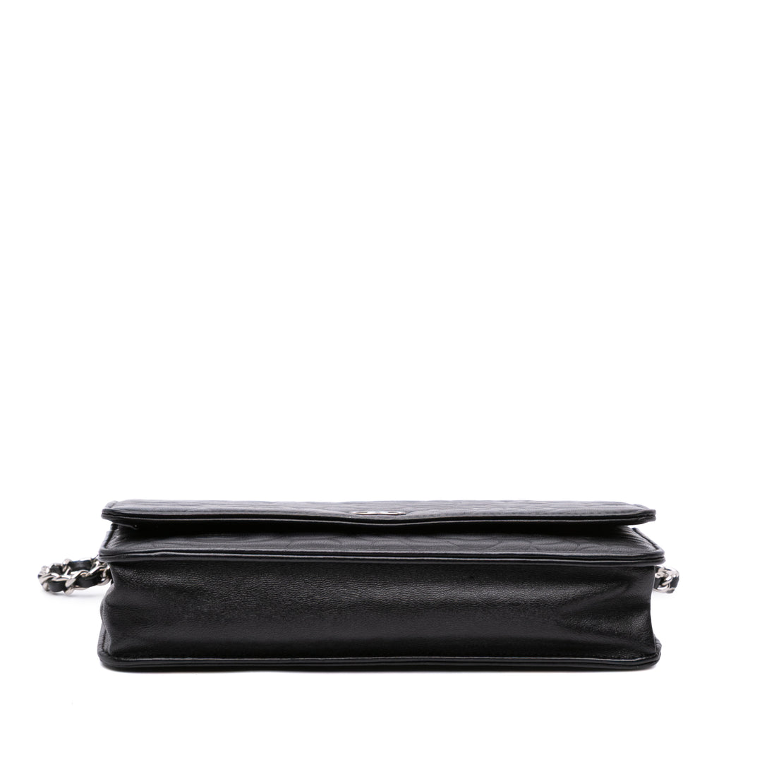 Camellia Embossed Lambskin Wallet On Chain Black - Gaby Paris