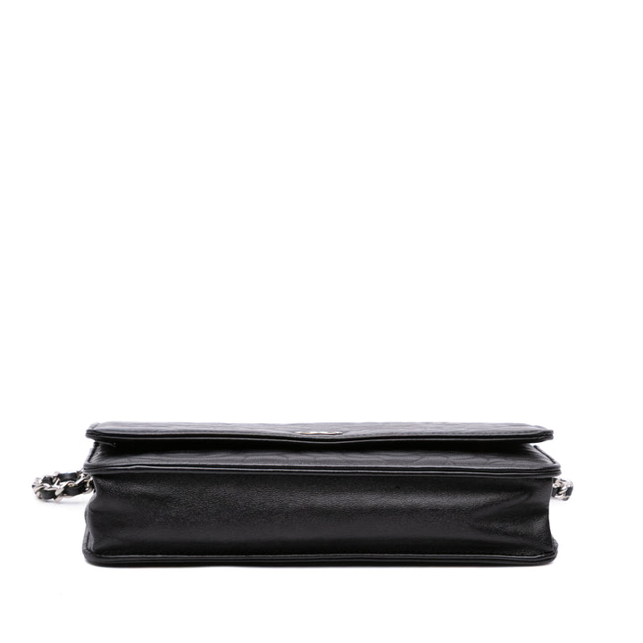 Camellia Embossed Lambskin Wallet On Chain Black - Gaby Paris