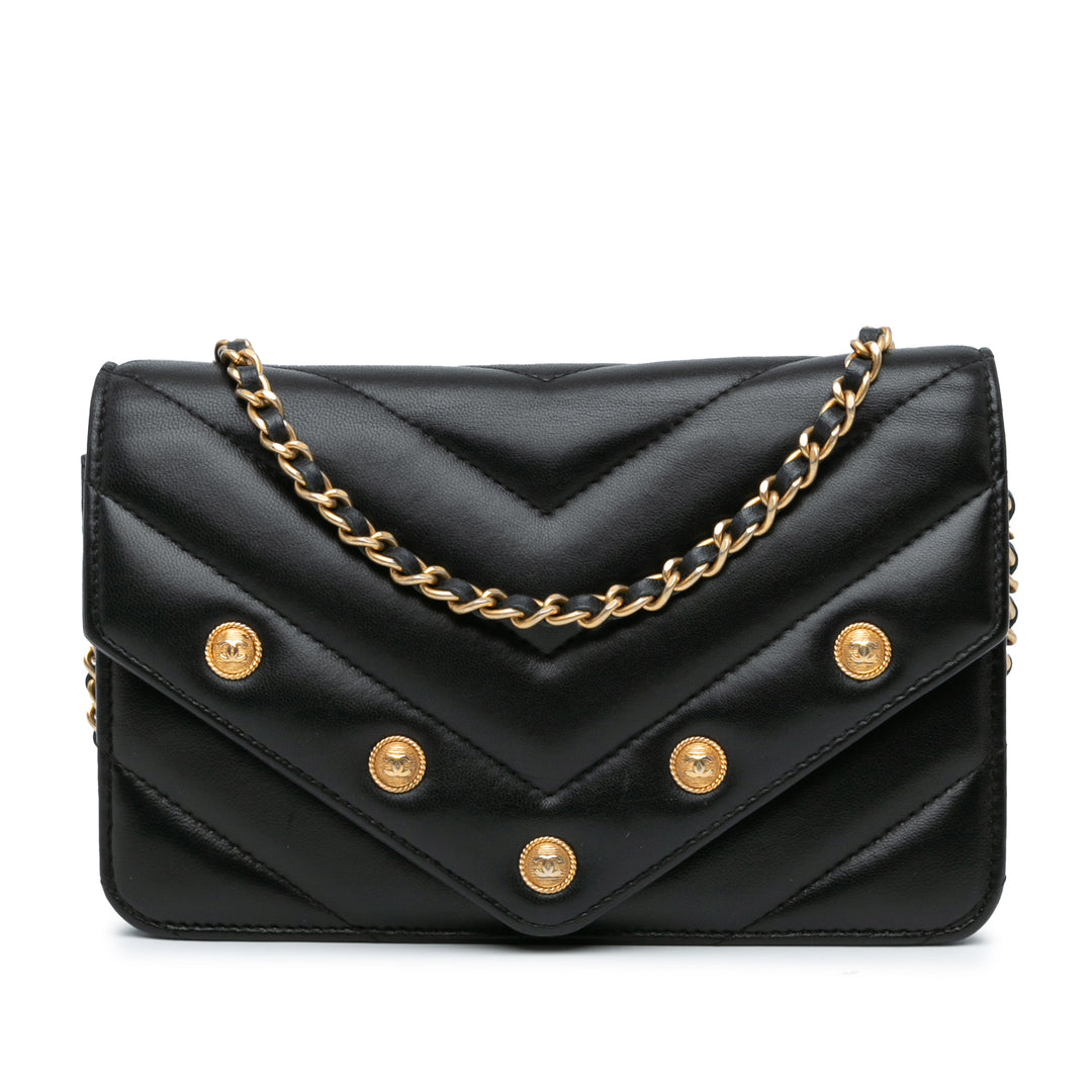 Chevron Lambskin Button Wallet On Chain Black - Gaby Paris