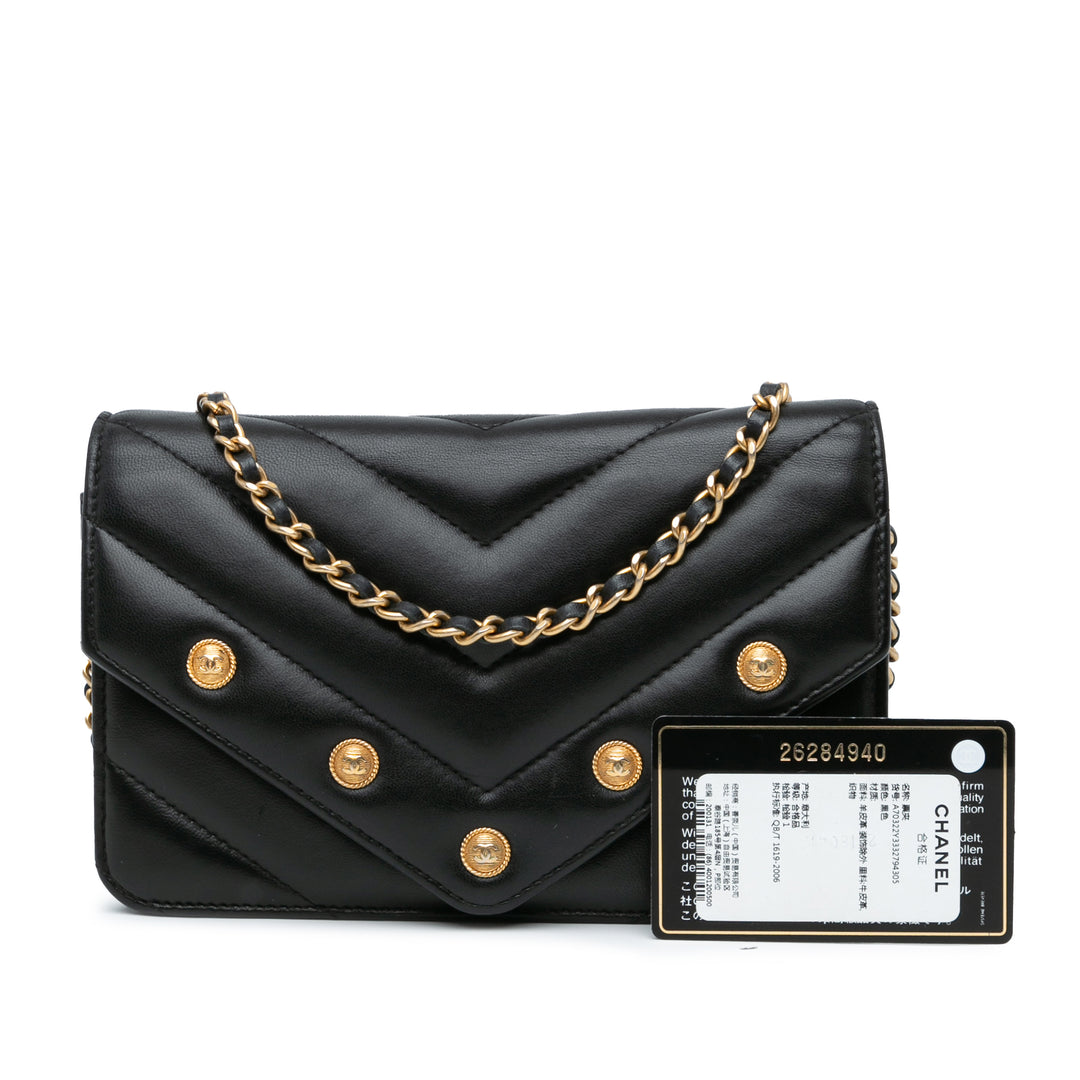 Chevron Lambskin Button Wallet On Chain Black - Gaby Paris