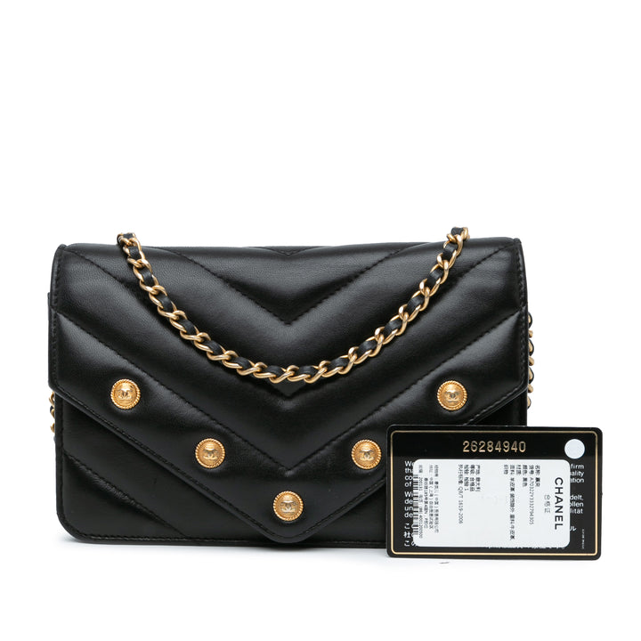 Chevron Lambskin Button Wallet On Chain Black - Gaby Paris