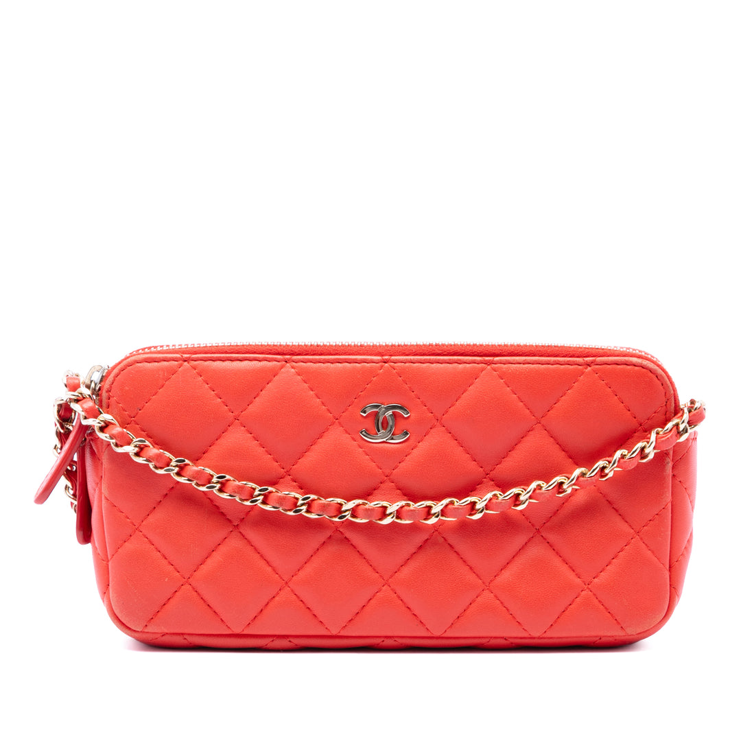 CC Matelassé Double Zippé Pochette avec chaîne Cuir d'agneau Orange