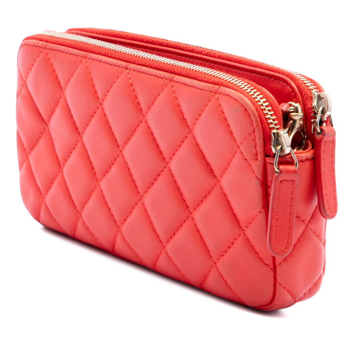 CC Matelassé Double Zippé Pochette avec chaîne Cuir d'agneau Orange
