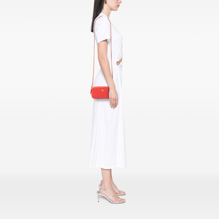 CC Matelassé Double Zippé Pochette avec chaîne Cuir d'agneau Orange