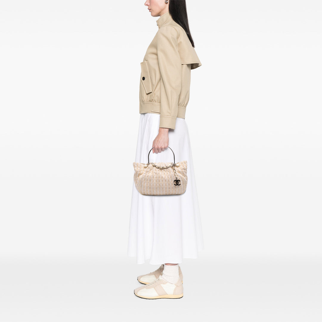 Tweed Boucle Knitting Top Handle Bag White - Gaby Paris