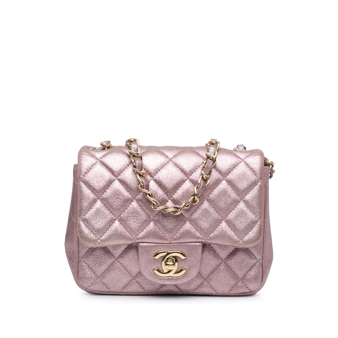 Mini Square Classic Metallic Calfskin Single Flap Pink - Gaby Paris