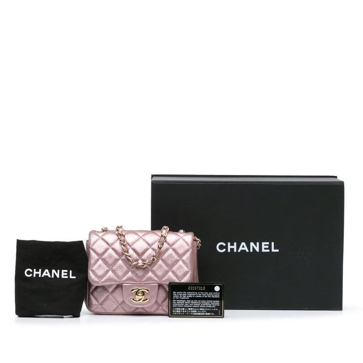 Mini Square Classic Metallic Calfskin Single Flap Pink - Gaby Paris