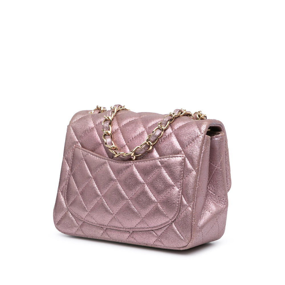 Mini Square Classic Metallic Calfskin Single Flap Pink - Gaby Paris