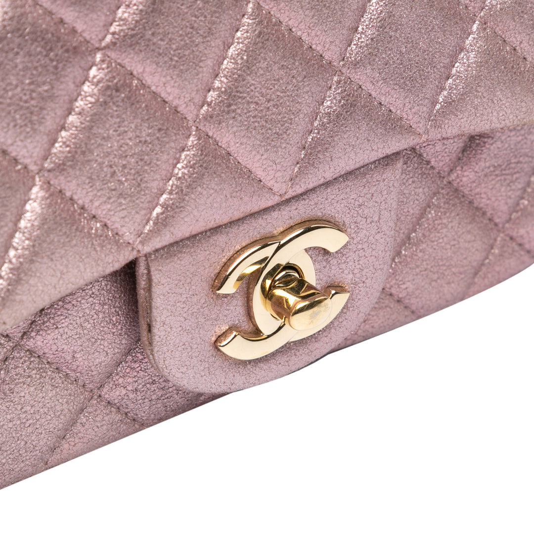 Mini Square Classic Metallic Calfskin Single Flap Pink - Gaby Paris