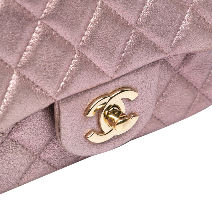 Mini Square Classic Metallic Calfskin Single Flap Pink - Gaby Paris