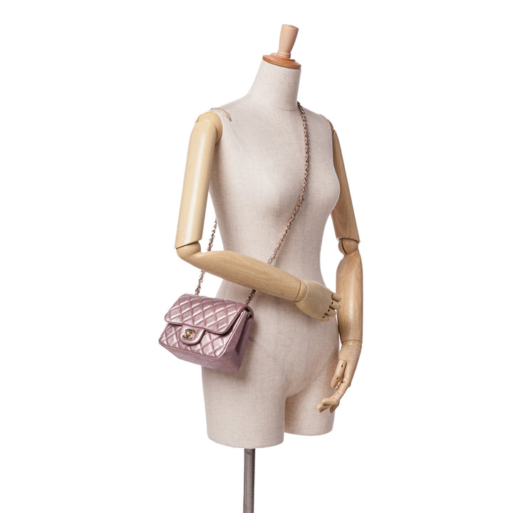 Mini Square Classic Metallic Calfskin Single Flap Pink - Gaby Paris
