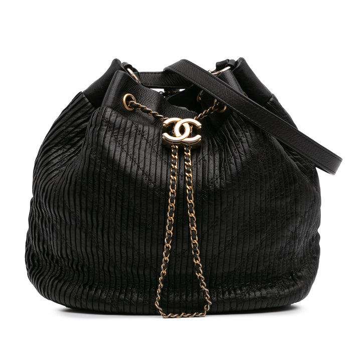 Medium Crumpled Calfskin Coco Pleats Drawstring Bucket Bag Black - Gaby Paris