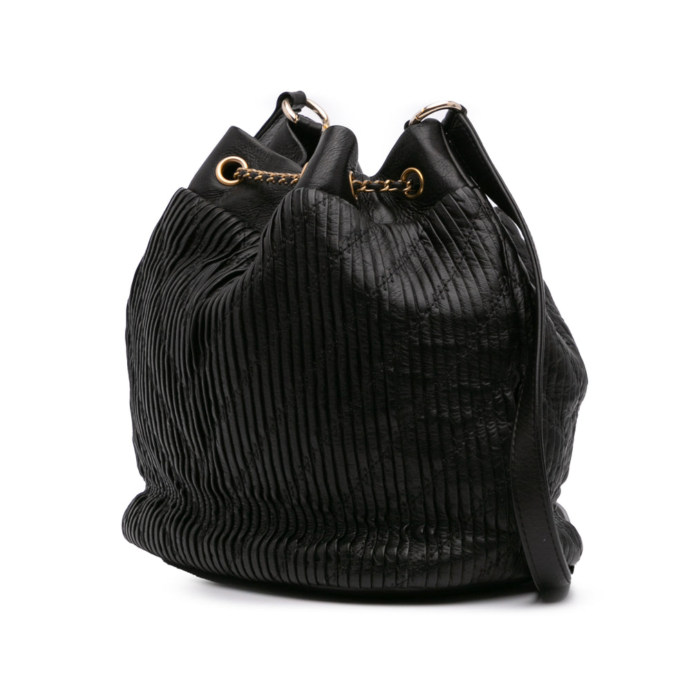 Medium Crumpled Calfskin Coco Pleats Drawstring Bucket Bag Black - Gaby Paris