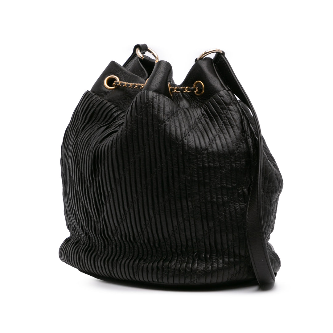 Medium Crumpled Calfskin Coco Pleats Drawstring Bucket Bag Black - Gaby Paris