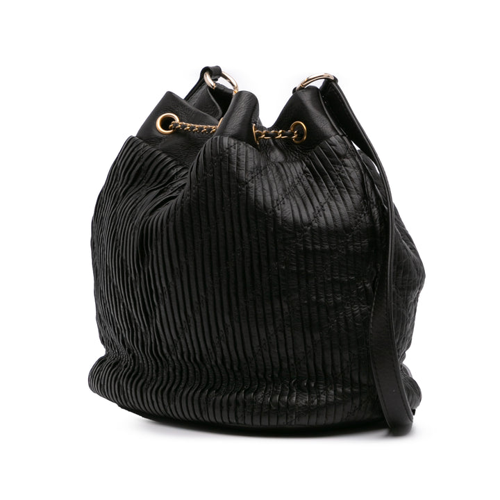 Medium Crumpled Calfskin Coco Pleats Drawstring Bucket Bag Black - Gaby Paris