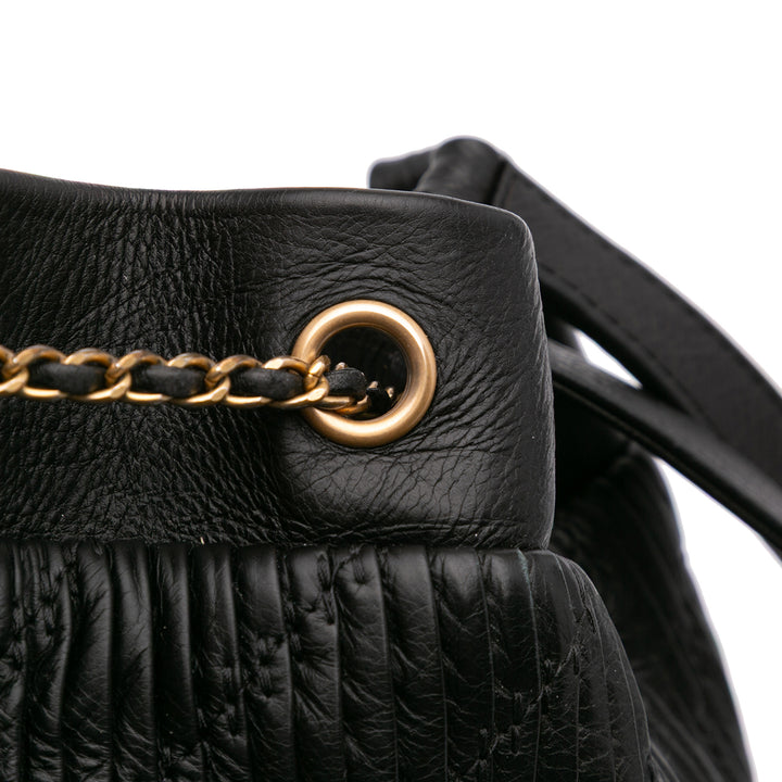 Medium Crumpled Calfskin Coco Pleats Drawstring Bucket Bag Black - Gaby Paris