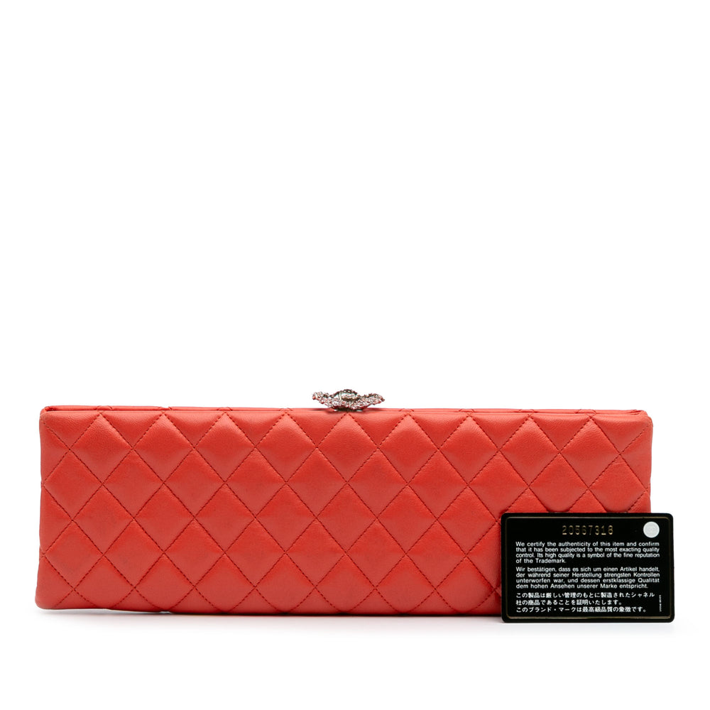 Quilted Lambskin Crystal Camellia Long Clutch Orange - Gaby Paris
