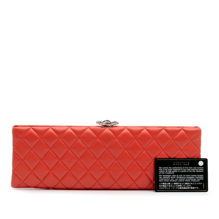 Quilted Lambskin Crystal Camellia Long Clutch Orange - Gaby Paris