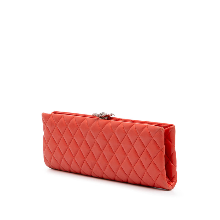 Quilted Lambskin Crystal Camellia Long Clutch Orange - Gaby Paris