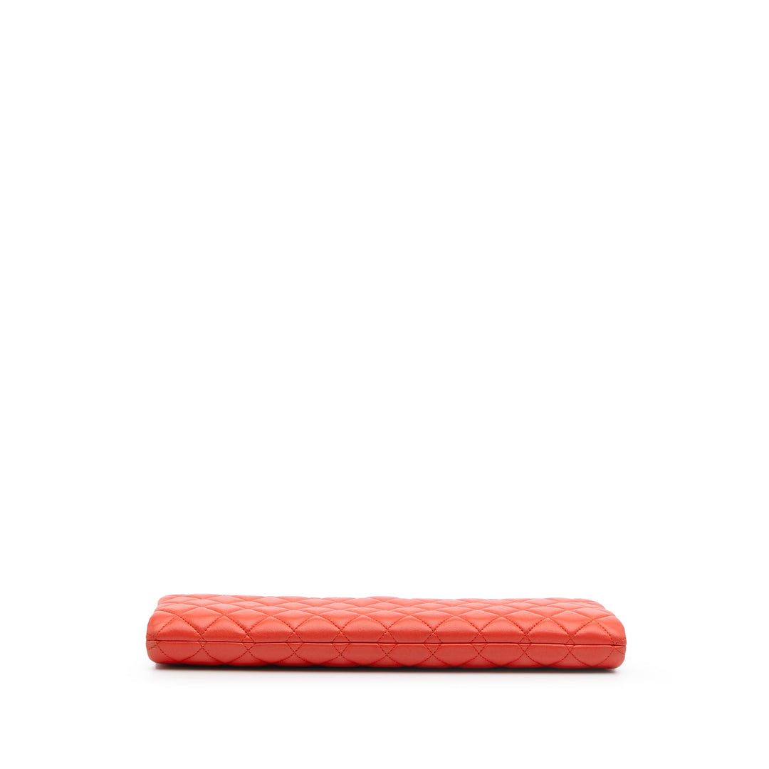 Quilted Lambskin Crystal Camellia Long Clutch Orange - Gaby Paris