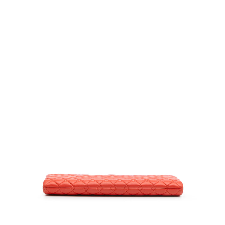 Quilted Lambskin Crystal Camellia Long Clutch Orange - Gaby Paris