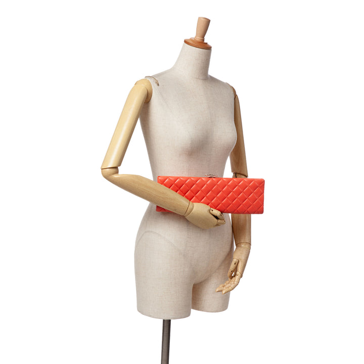 Quilted Lambskin Crystal Camellia Long Clutch Orange - Gaby Paris