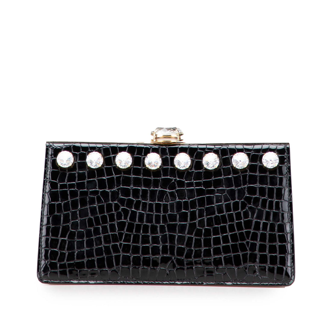 Croc Embossed Leather Crystal Embellished Solitaire Clutch Black - Gaby Paris