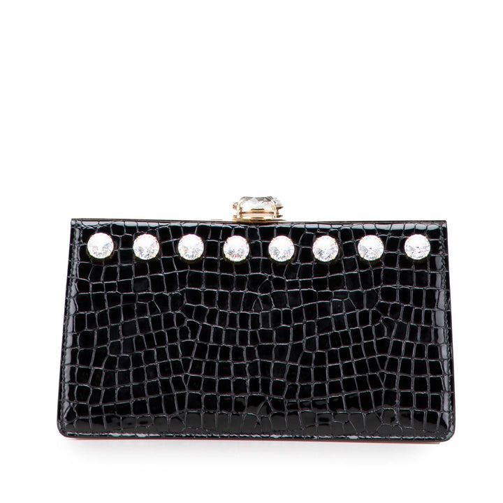 Croc Embossed Leather Crystal Embellished Solitaire Clutch Black - Gaby Paris