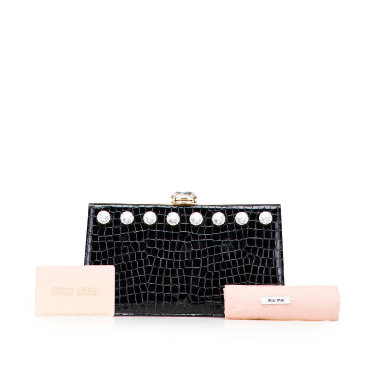 Croc Embossed Leather Crystal Embellished Solitaire Clutch Black - Gaby Paris
