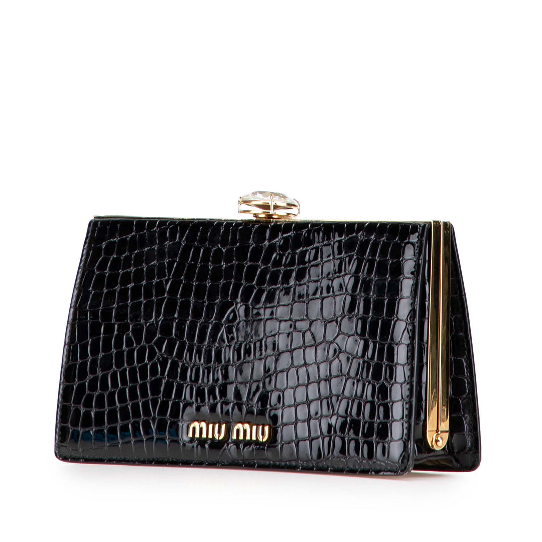 Croc Embossed Leather Crystal Embellished Solitaire Clutch Black - Gaby Paris