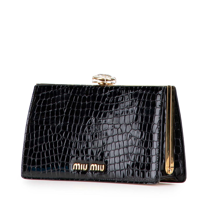Croc Embossed Leather Crystal Embellished Solitaire Clutch Black - Gaby Paris