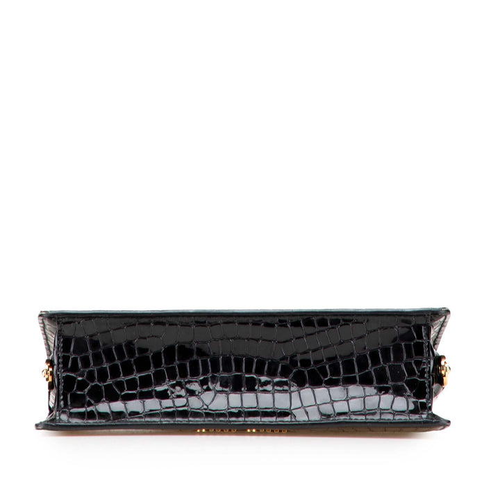 Croc Embossed Leather Crystal Embellished Solitaire Clutch Black - Gaby Paris
