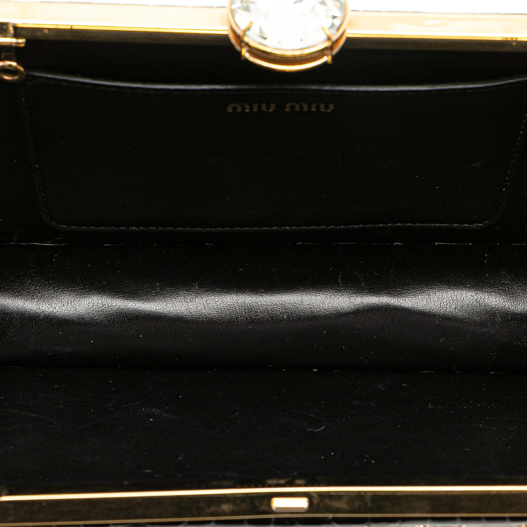 Croc Embossed Leather Crystal Embellished Solitaire Clutch Black - Gaby Paris