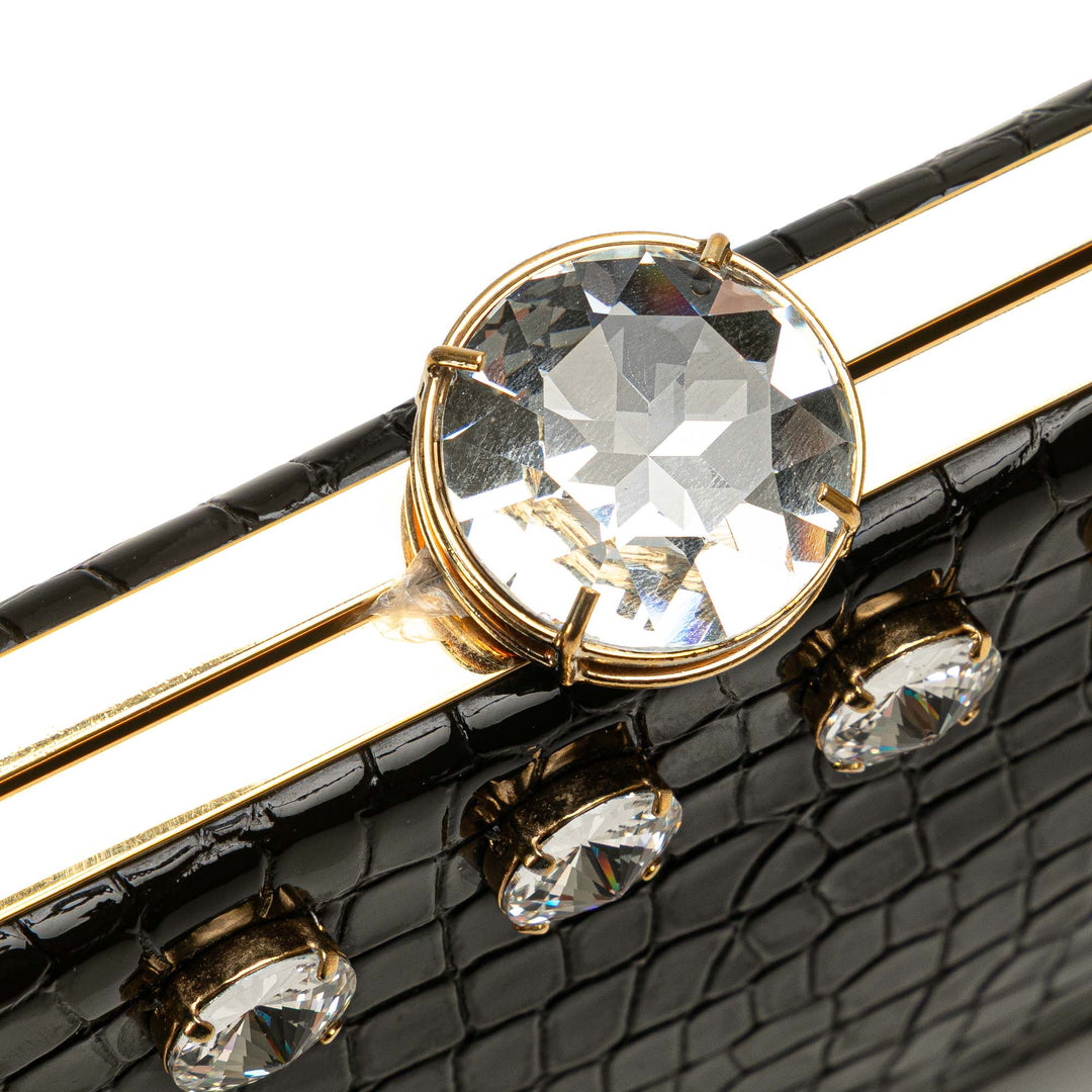 Croc Embossed Leather Crystal Embellished Solitaire Clutch Black - Gaby Paris