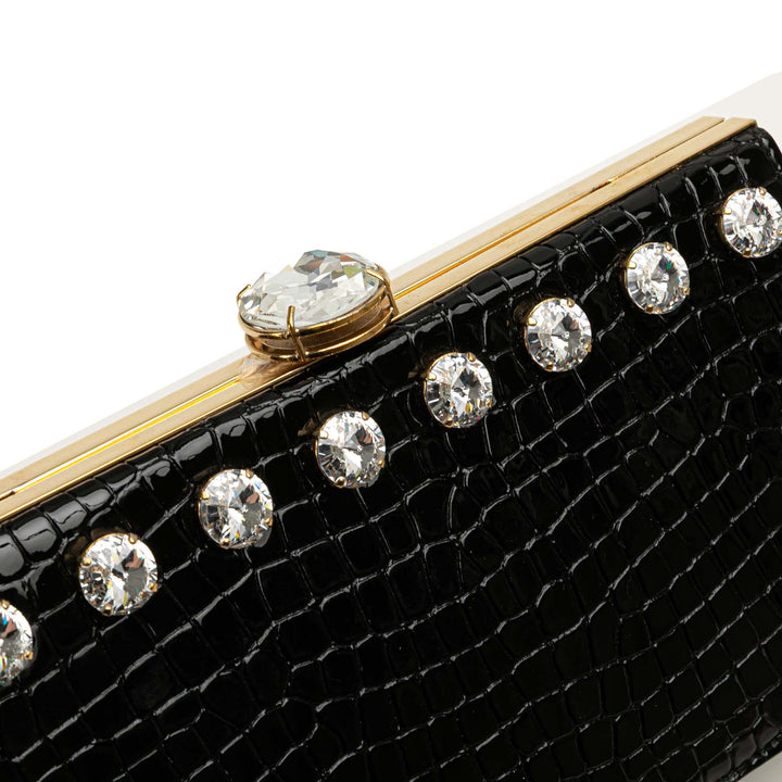 Croc Embossed Leather Crystal Embellished Solitaire Clutch Black - Gaby Paris