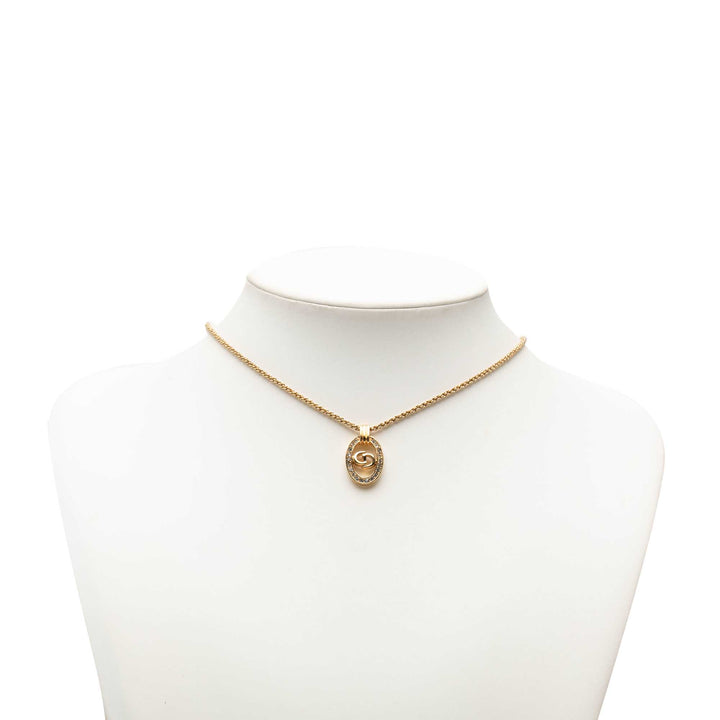 plaqué Strass CD Logo Ovale Pendant Collier Doré