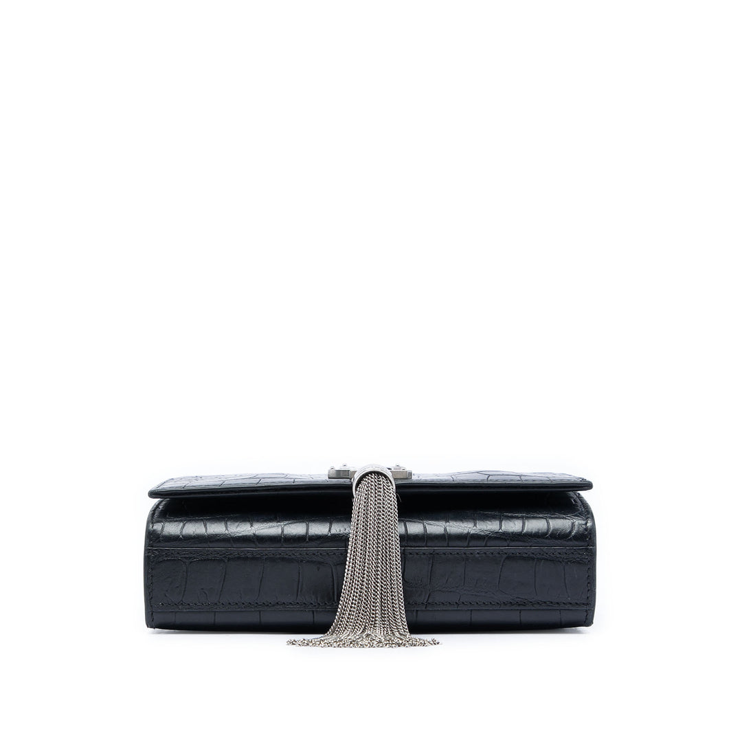 Saint Laurent Croc embossé Kate Pompon Sac Petit Noir – vue 3 – GABY PARIS