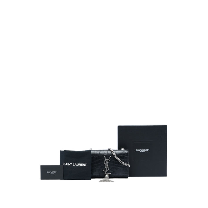 Saint Laurent Croc embossé Kate Pompon Sac Petit Noir – vue 7 – GABY PARIS