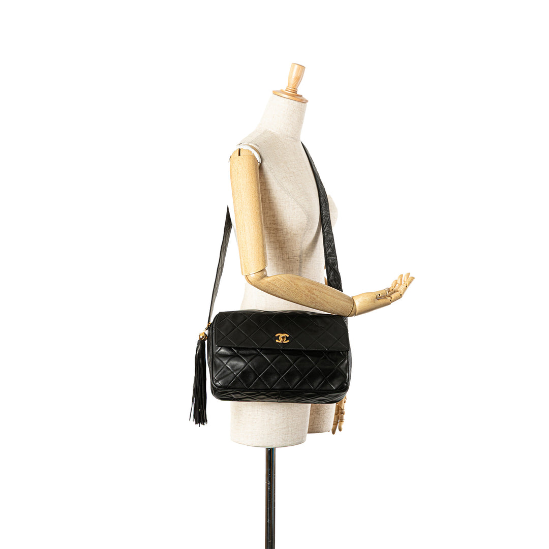 CC Quilted Lambskin Tassel Crossbody Black - Gaby Paris