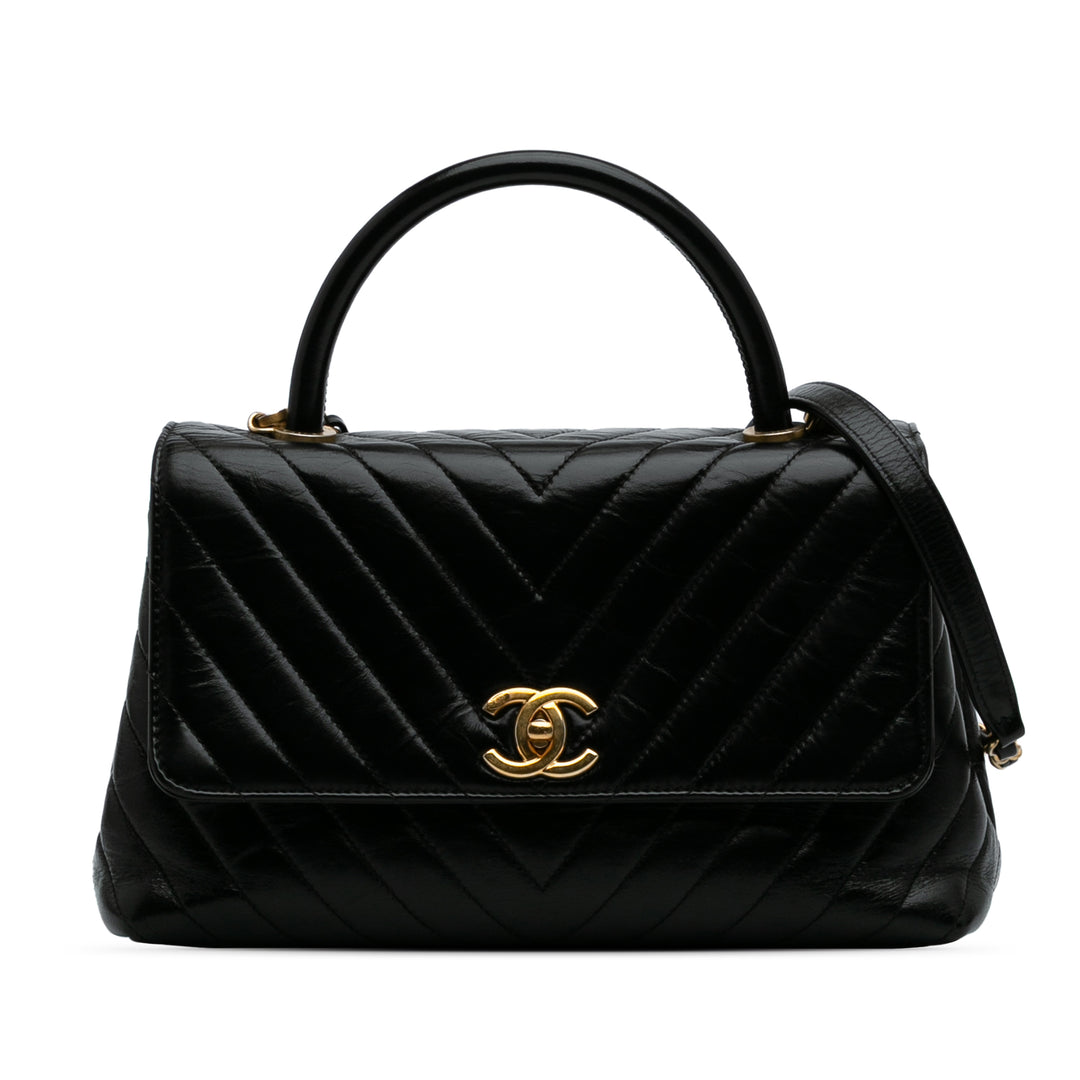 Small Chevron Aged Calfskin Coco Top Handle Bag Black - Gaby Paris